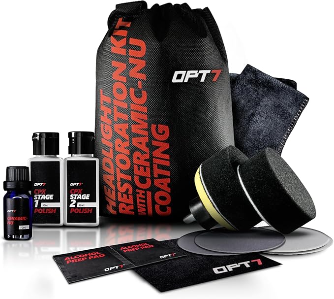 OPT7 Headlight Restoration Kit with Exclusive Ceramic Nu Coating - Professional Detailers Grade - Lens Polisher Drill Set