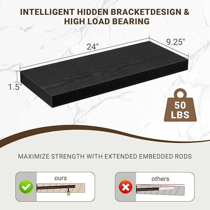 24 Inch Floating Shelves, 24"x9.25"x1.5" Inch Deep Floating Shelves for Wall, Wooden Shelves for Bathroom, Bedroom, Living Ro