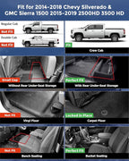 All Weather Floor Mats 2014-2018 for Chevy Silverado & GMC Sierra 1500, 2015-2019 2500HD 3500 HD, Only Crew Cab & Front Center Console & Bucket Seat, Waterproof TPE Rubber Car Accessories