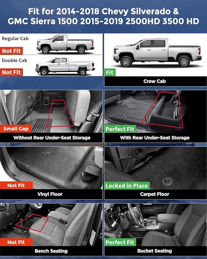All Weather Floor Mats 2014-2018 for Chevy Silverado & GMC Sierra 1500, 2015-2019 2500HD 3500 HD, Only Crew Cab & Front Center Console & Bucket Seat, Waterproof TPE Rubber Car Accessories