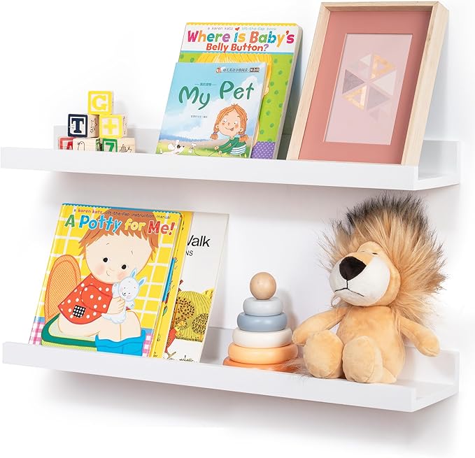 Picture Ledge Shelf for Wall, 24 inch Solid Pine Wood Nursery Book Shelves 2 Packs, Floating Ledge Shelves for Kids' Room Bed