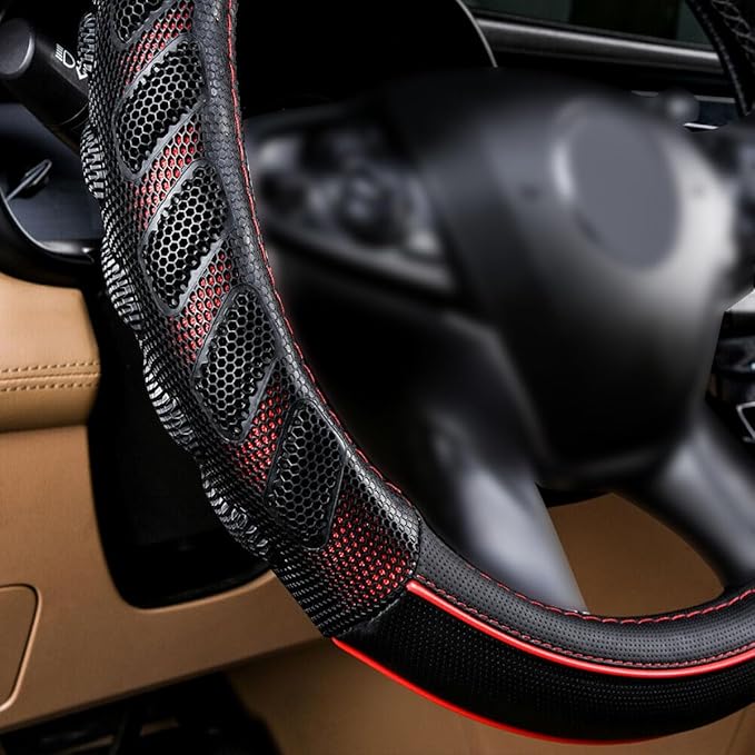 Flying Banner car Steering Wheel Cover Faux Leather Massage Universal fit 3D Honeycomb Hole Anti-Slip Sporty 15 Inches (Red B
