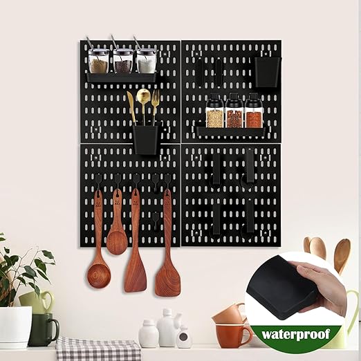 24 Pcs Wall Mount Peg Board Organizer Kits, Black DIY Pegboard Panels with 20 Accessories (Hooks, Clips, Bins, Shelves), Wall