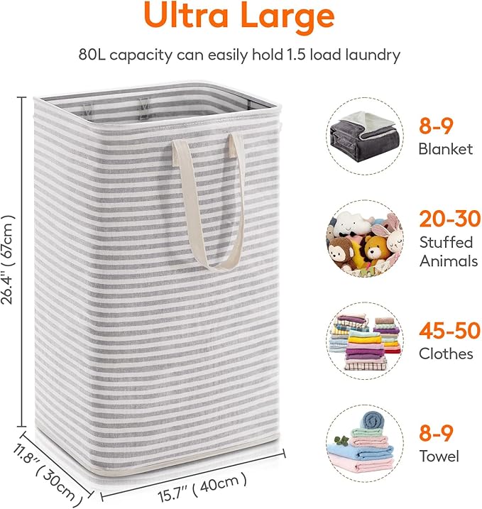 Lifewit 1 Pack Laundry Basket 80L Each, Collapsible Clothes Hamper with Reinforced Handles, Freestanding Waterproof Design fo
