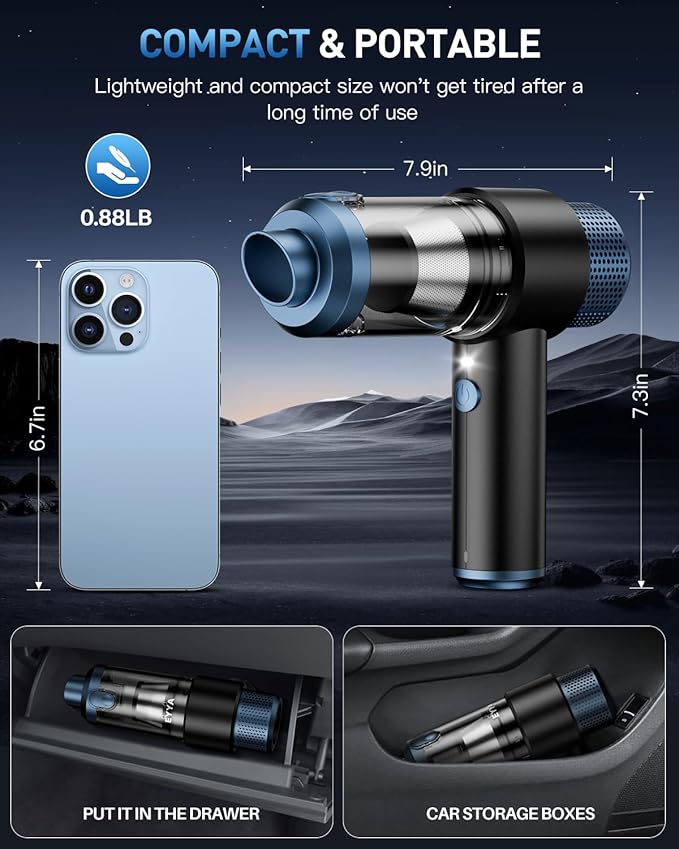 EYYA Handheld Car Vacuum Cleaner Cordless, 15000PA High Power Vacuum & Air Duster, 4-in-1 Portable Mini Vacuum with LED Light