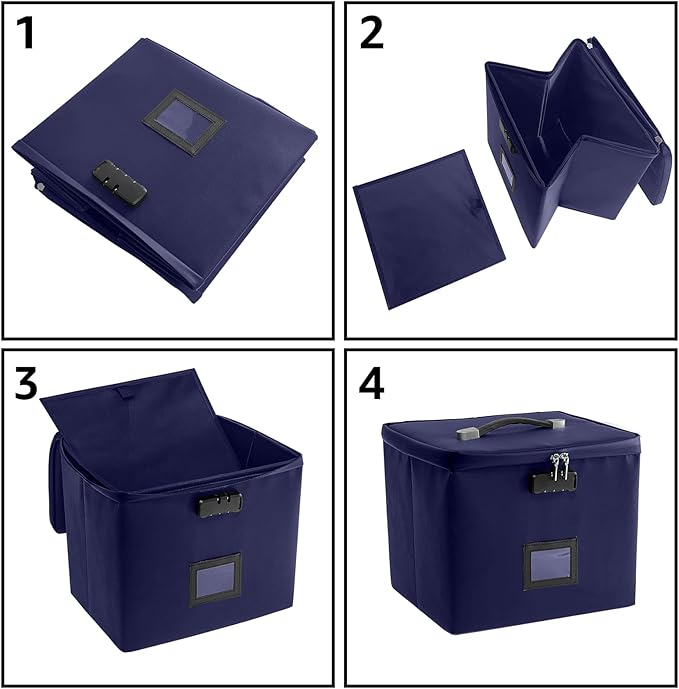 Navy blue Fire Proof File Box for Documents - Portable Fireproof Document Organizer Box with Handle Waterproof Safe Locking F