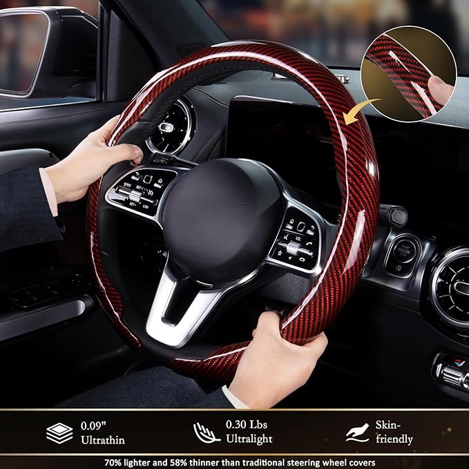 Aimato Car Steering Wheel Cover Carbon Fiber, Ultra-Thin Car Steering Wheel Cover,Comfortable & Breathable Microfiber,Universal Fit for Most Cars, Bright Red