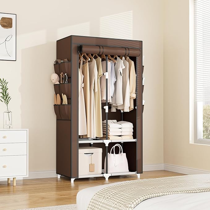 VTRIN Portable Closet Wardrobe for Hanging Clothes with 4 Storage Shelves, 2 Hanging Rods and 6 Pockets, Stable and Easy Asse