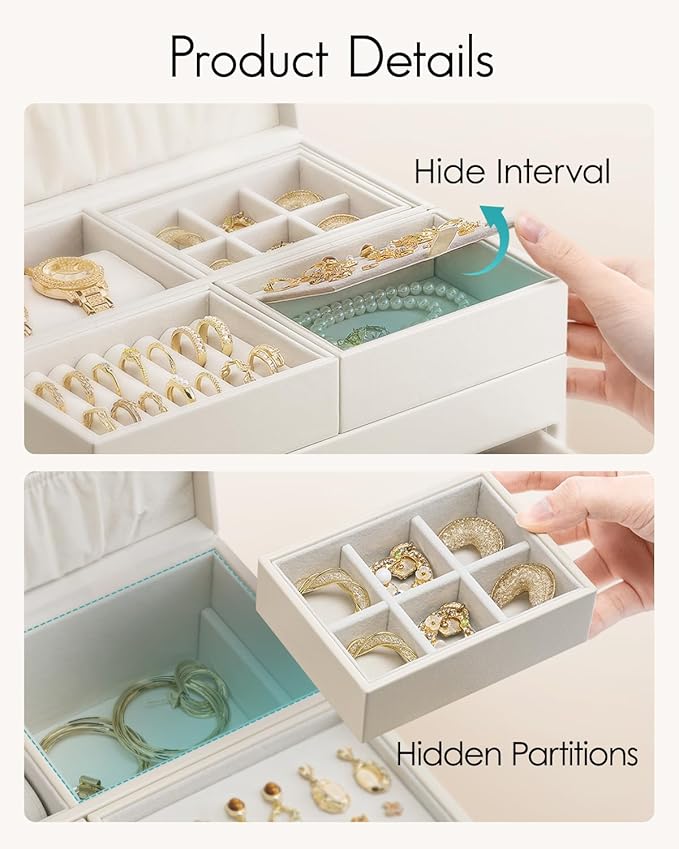 Vlando 4 Layers Jewelry Box - Women Jewelry Box with Retractable Tray - Jewelry Organizer with Drawer for Necklaces, Rings, B