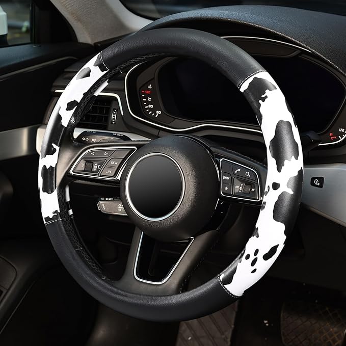 ZHOL 16 inch Steering Wheel Cover Cow Print, Breathable Microfiber Leather Compatible Large-Size for F150 F250 F350 Ram 4Runn