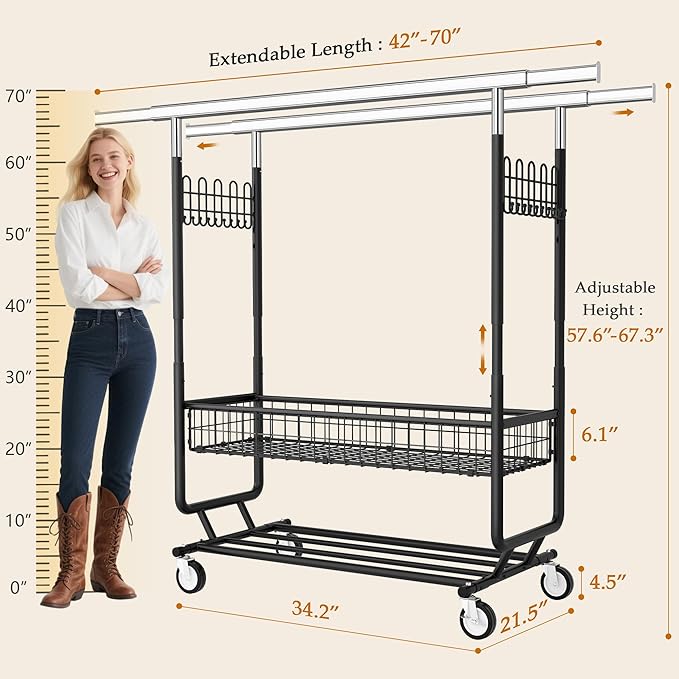 Gewudraw Heavy Duty Clothes Rack with Metal Basket, 1060 LBS Rolling Double Rod Garment Rack, Portable Extendable Clothing Ra