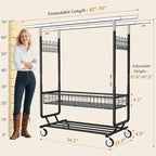 Gewudraw Heavy Duty Clothes Rack with Metal Basket, 1060 LBS Rolling Double Rod Garment Rack, Portable Extendable Clothing Ra