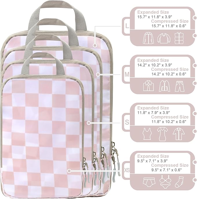 WOOMADA Compression Packing Cubes for Suitcases Travel Essentials 4 Set Expandable Travel Bags Organizer for Luggage(pink che