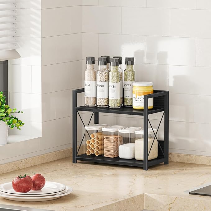 Giikin Kitchen Counter Shelf, 2 Tier Kitchen Spice Rack Organizer for Countertop, Wood Coffee Bar Organizer for Home (Black, 