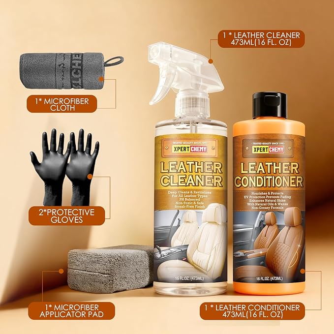 Leather Cleaner and Conditioner Kit, Leather Care for Car Seats, Furniture, Couches, Boots, Bags & More, Safe for Any Color, 