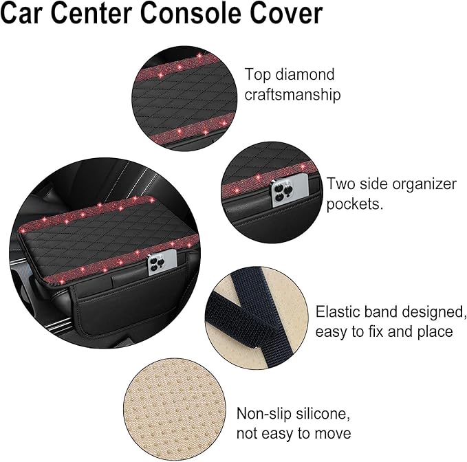NBTEPEM Bling Car Center Console Cover, Leather Car Arm Rest Cover Cushion with 2 Storage Bags, Universal Automotive Armrest Protector Storage Box, Bling Accessories Interior for Most Vehicles (Red)