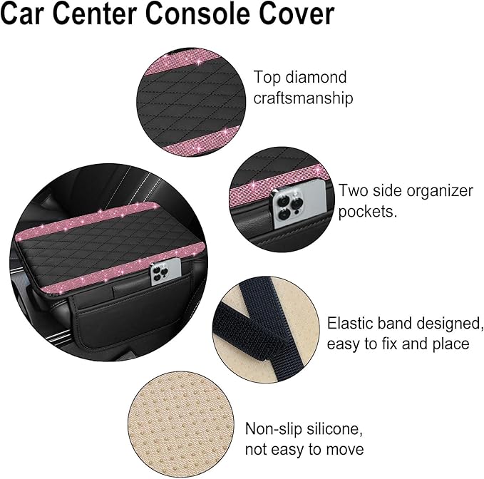 NBTEPEM Bling Car Center Console Cover, Leather Car Arm Rest Cover Cushion with 2 Storage Bags, Universal Automotive Armrest Protector Storage Box, Bling Accessories Interior for Most Vehicles (Pink)