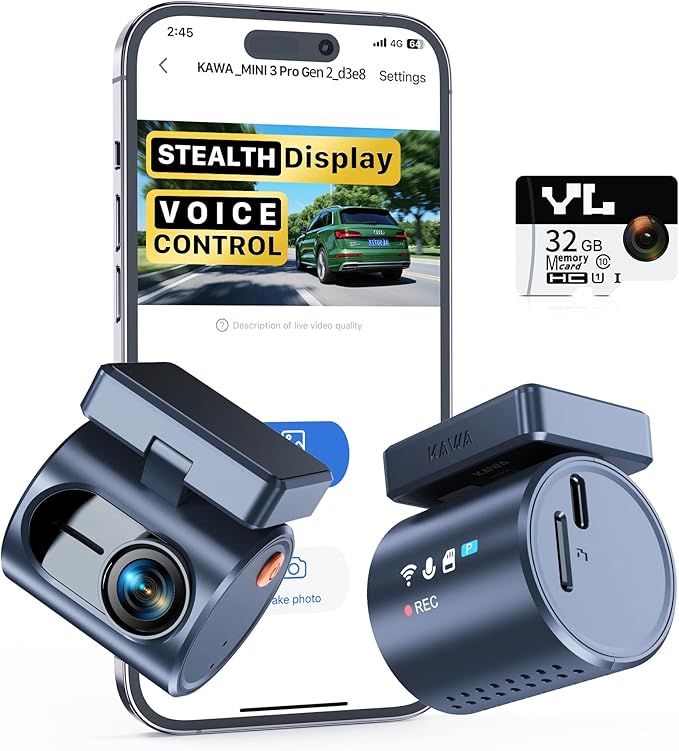 KAWA 2K Dash Cam for Cars with Voice Control - Stealth Display Tiny Dashcam Front Included 32GB Micro SD Card, Super Night Vi