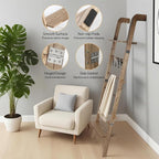 Wooden Ladder with Shelf for Room Decor, 6-Tier Decor Ladder with Non-Slip Mat & Hooks, Farmhouse Style Leaning Wall Display 