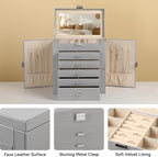 Frebeauty Large Jewelry Box,6-Tier PU Leather Jewelry Organizer,Multi-functional Storage Case with Mirror,Accessories Holder 