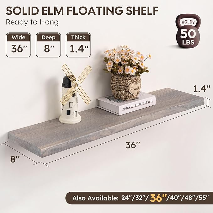Live Edge Floating Shelves Set of 2, 36 Inch Solid Elm Wood Wall Shelves - Invisible Bracket Mount for Living Room, Bedroom, 