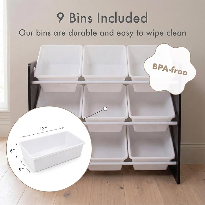 Humble Crew 9-Bin Toy Organizer – Journey Natural Espresso with White Plastic Bins, 3-Tier Storage Solution for Kids' Playroo