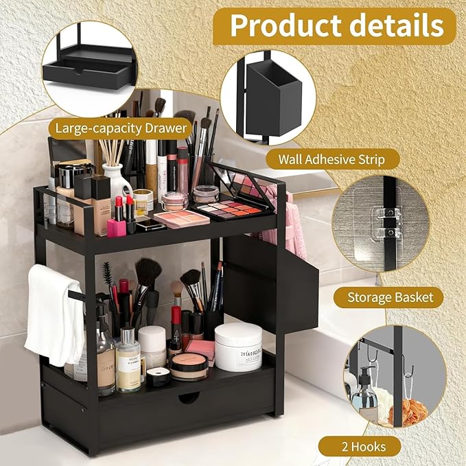 2-Tired Bathroom Counter Organizers and Storage, Coffee Bar Organizer with Drawer, Solid Wood Skincare Perfume Organizer for 