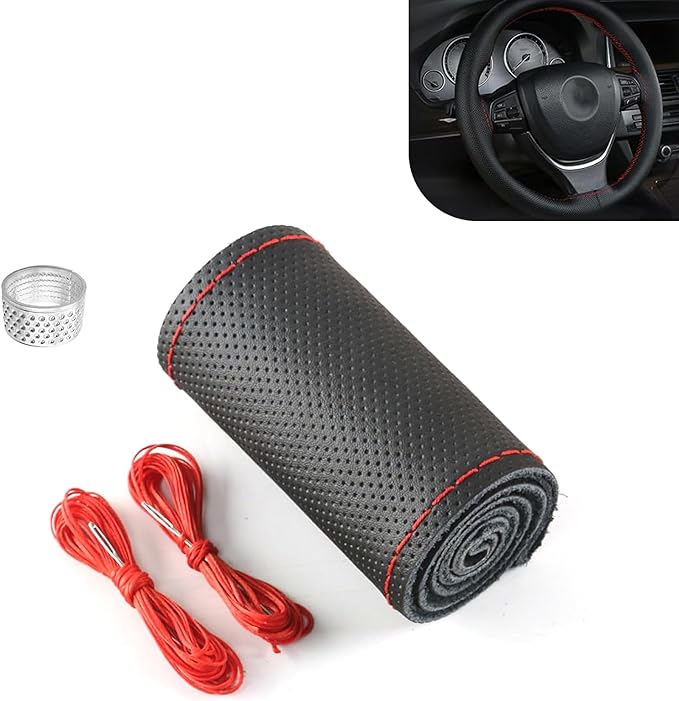 WZP Genuine Leather Steering Wheel Cover, Custom Stitch On Steering Wheel Wrap, Breathable Non-Slip Steering Wheel Protector 