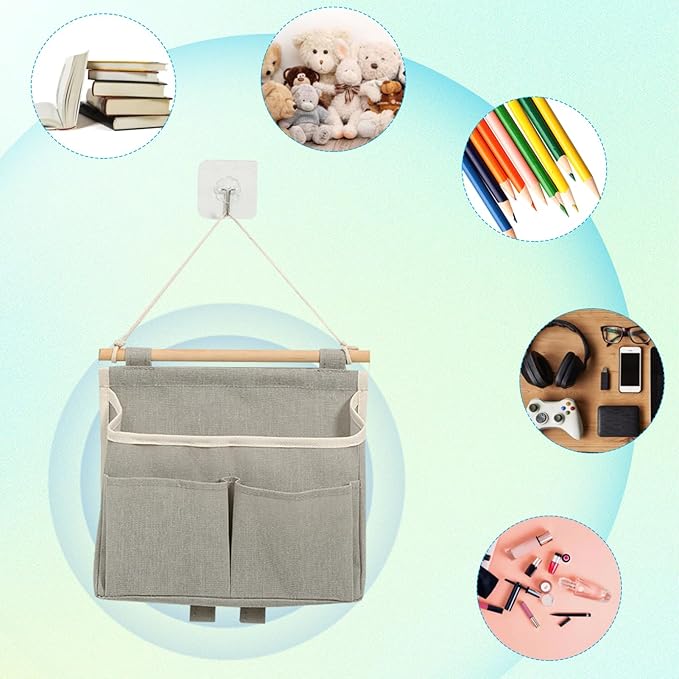 4 Pcs Wall Hanging Storage Caddy Bags, Wall Hanging Organizer Bag with Hooks, Linen Cotton Fabric Hanging Wall Door Organizer