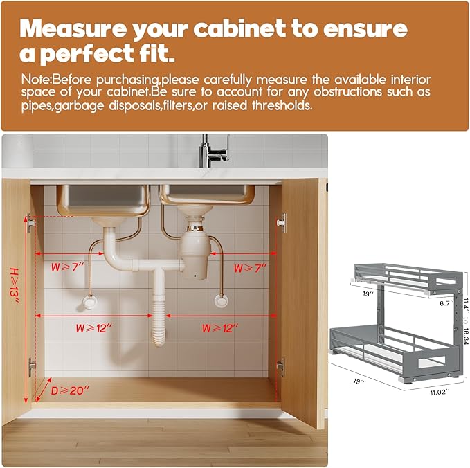2-Pack 19"Deep Under Sink Organizer And Storage, 2-Tier L-Shaped Pull Out Cabinet Organizer with Upgraded Slide Rails, Height