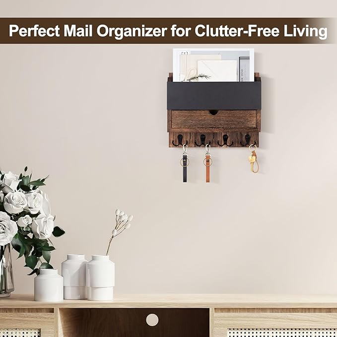 Mail and Key Holder Wall Mount with Storage Drawer – Modern Wooden Mail Organizer for Wall Entryway, 7 Key Hooks & Chalkboard