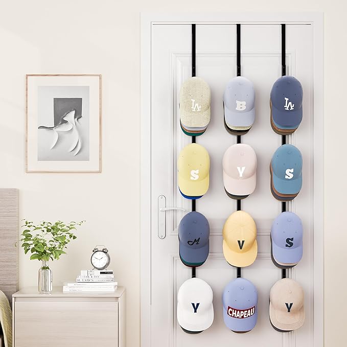 SWTYMIKI Over Door Hat Rack - 3 Packs Metal Hanging Hat Organizer with 12 Hooks Design, Baseball Cap Hanger Organizer Storage