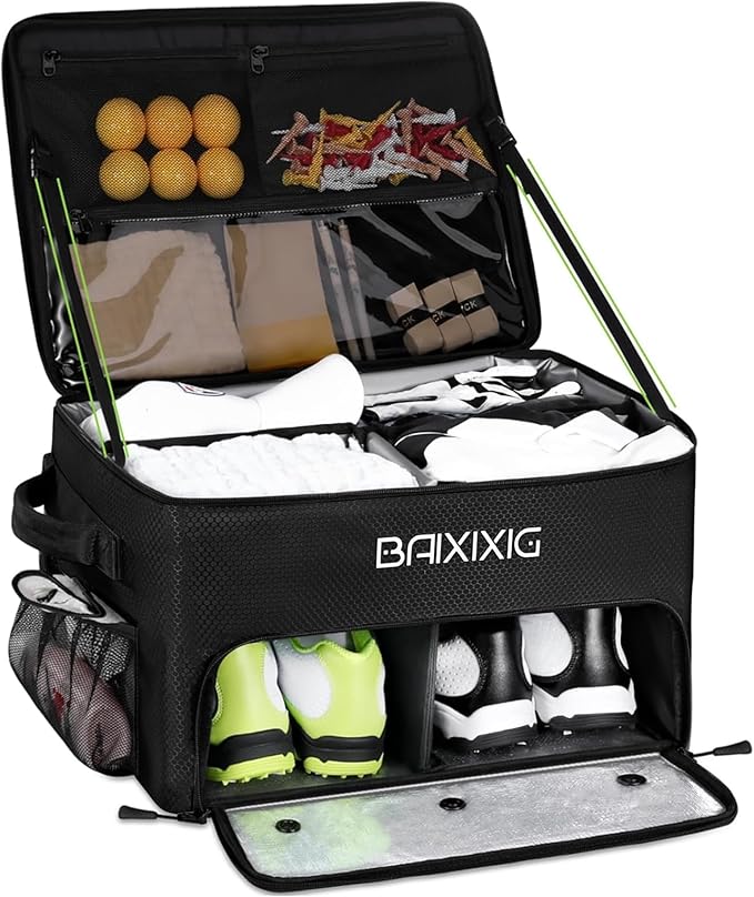 Golf Trunk Organizer, Waterproof Car Golf Locker with Separate Ventilated Compartment for 2 Pair Shoes, Golf Storage for Balls, Tees