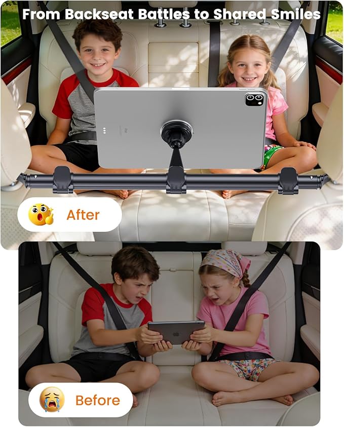 OHLPRO Car Headrest Tablet Mount Holder for Kids Road Trip Essentials - Extendable Aluminum Bar (33" Max) for Center View, 360° Rotation Magnetic Backseat Stand Fits 4.7-12.9" Tablet & Phone