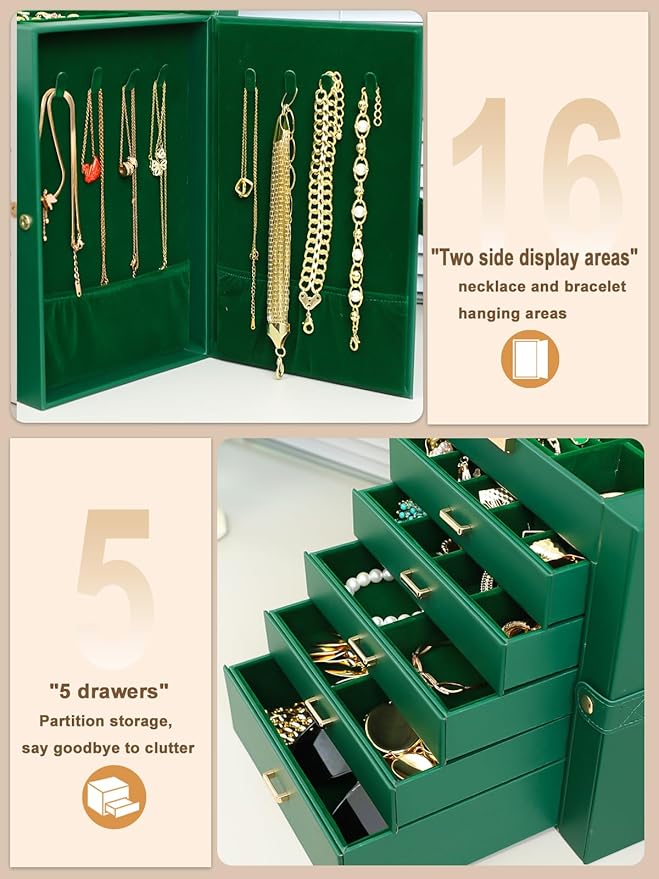 BOOVO Jewelry Box For women, 6 Layer Large Jewelry Organizer With Mirror, Multi-Function Storage Box With Lock, Necklace Hold