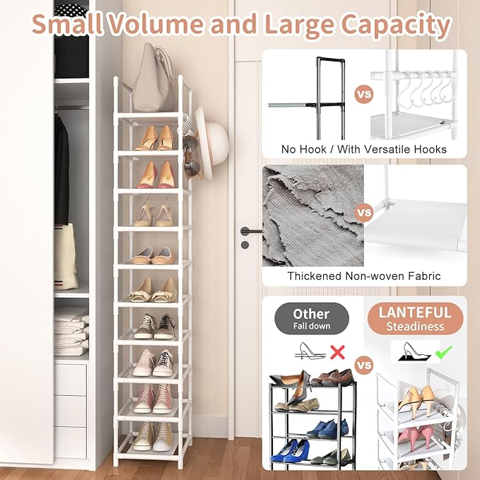 LANTEFUL Tall Narrow Shoe Rack 10-Tier Skinny Shoe Shelf Storage for 10-15 Pairs Shoes and Boots, Space Saving Corner Shoe Ra