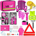 Roadside Emergency Car Kit for Vehicles, Pink Car First Aid Kit Emergency Kit with Jumper Cables, Car Safety Kits, Tow Strap,