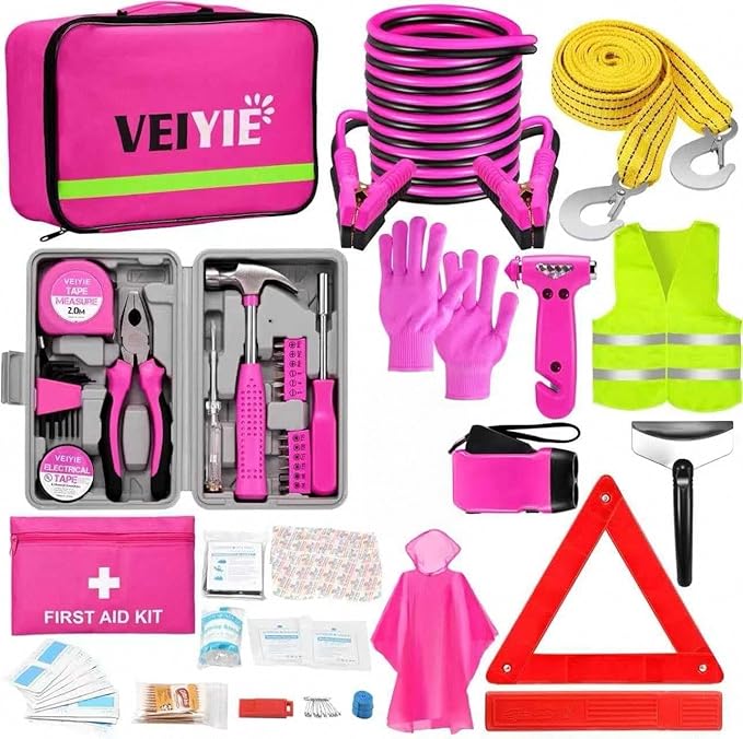 Roadside Emergency Car Kit for Vehicles, Pink Car First Aid Kit Emergency Kit with Jumper Cables, Car Safety Kits, Tow Strap,