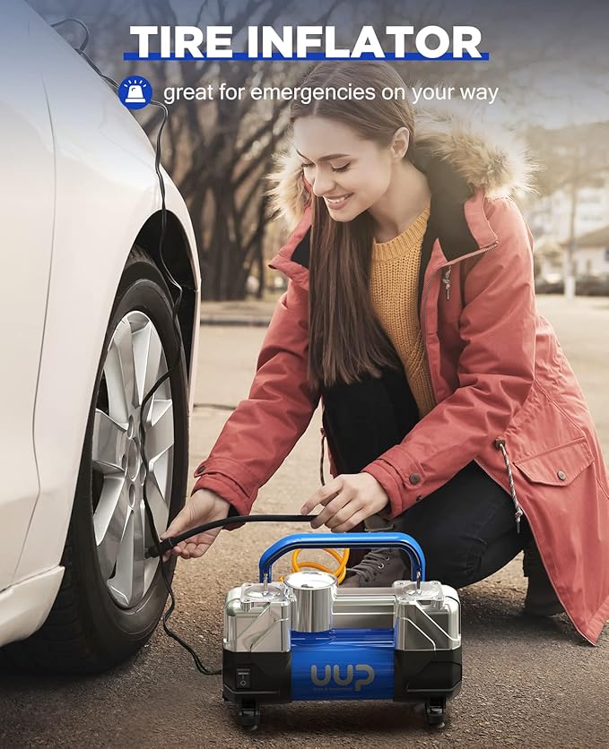 Tire Inflator Air Compressor, 150PSI 12V DC Double Cylinders Heavy Duty Portable Air Pump w/Emergency LED Light for Truck, SUV, Car, RV