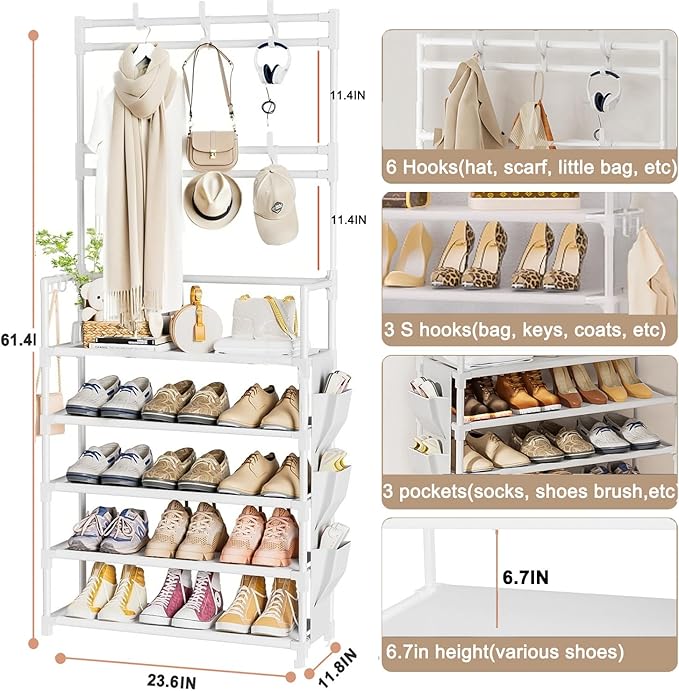 OYREL Shoe Rack 5 Tier Shoe Organizer Storage 15-20 Pairs Shoes Rack for Closet Entrance Shoe Rack Organizer with Hooks and S