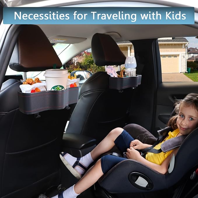 Backseat Car Organizer with Cup Holder, Premium Leather Backseat Car Organizer for Snacks, Canned Drinks, and Phone with Two Seat Hooks, Perfect for Travel - 2-Pack