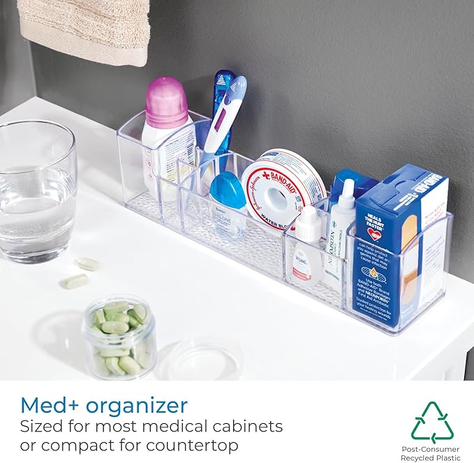 iDesign 43030 Med+ 12" Plastic Divided Vanity Medication and Bathroom Accessory, 12" x 3" x 3.5", Multi-Level Organizer