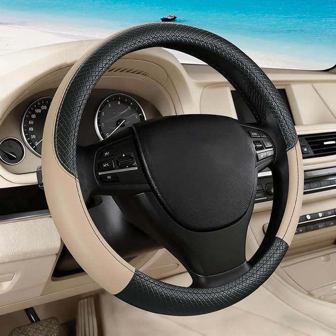 Black & Beige Car Steering Wheel Cover, Microfiber, Leather Patchwork, Universal 14.5-15 Inch Leather Anti-Slip Breathable Au
