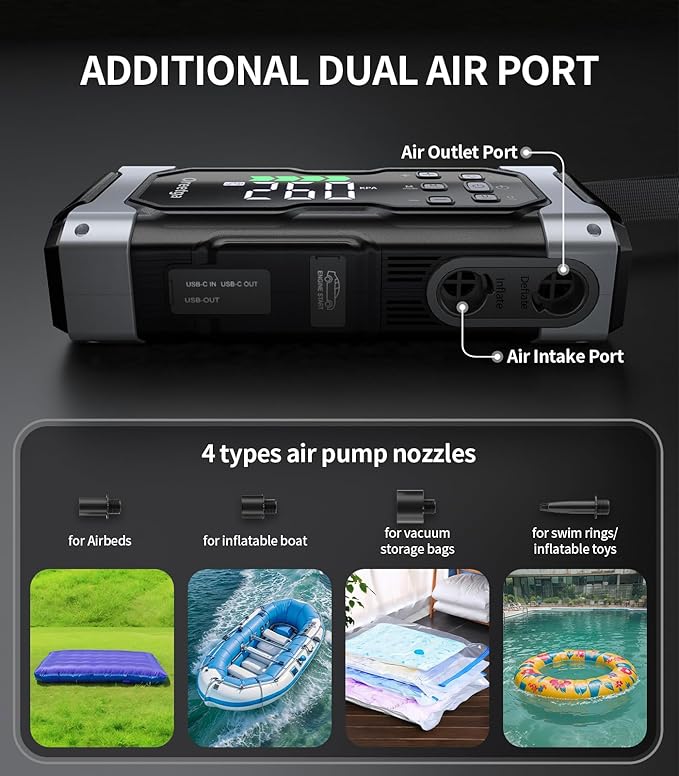 Upgraded 9000A Car Jump Starter with Air Inflator/Deflator Compressor, 9 in 1 Portable Jumper Box Power Pack Charger (All