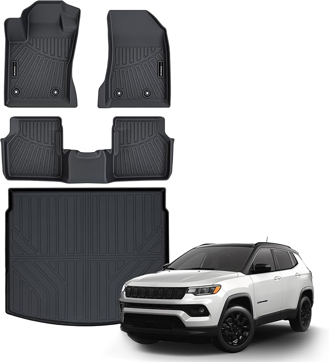 All Weather Floor Mat & Cargo Mat Fit for Jeep Compass 2026 2025 2024 2023 2022 2021 2020 2019 2018 2017 TPE Rubber Liners Compass Accessories All Season Guard Odorless Anti-Slip Liner Black