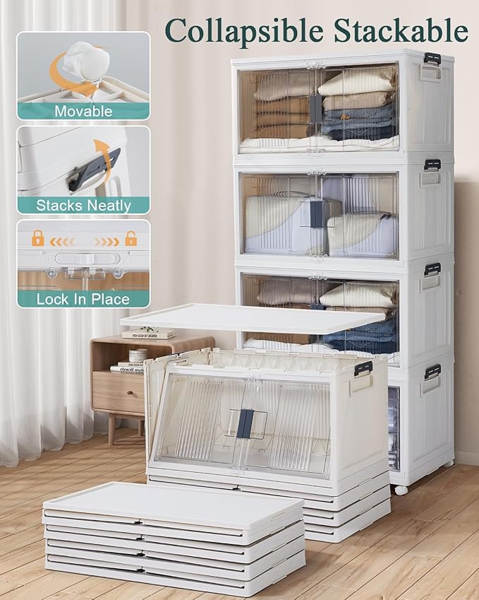 OlarHike 97QT Stackable Storage Bins with Lids - Folding Storage Box with Doors and Wheels, Collapsible Plastic Storage Drawe
