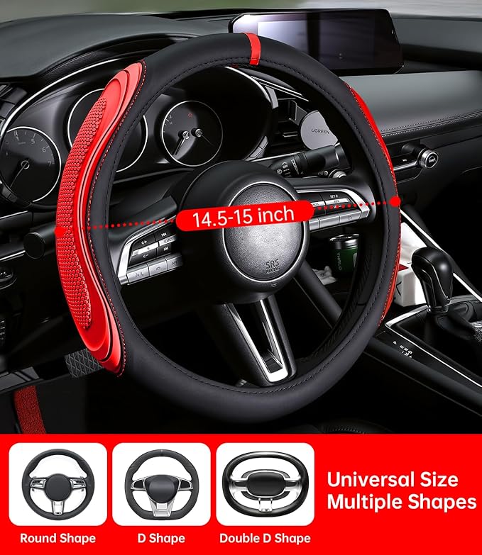 XCBYT Steering Wheel Cover - Red Leather Steering Wheel Wrap Great Grip with 3D Honeycomb Quick and Effortless Installation N