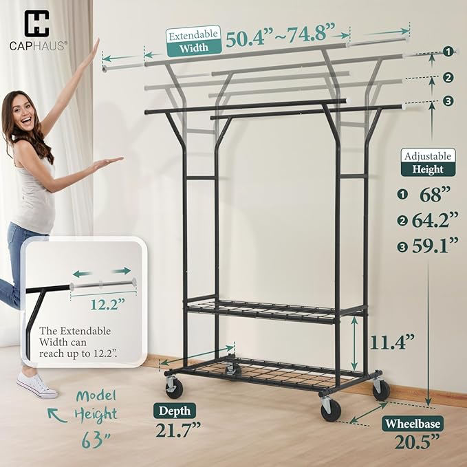 CAPHAUS 840LBS Capacity Heavy Duty Clothes Rack with Double Rods, Rolling Clothing Rack with 2 Shelves, Extendable Rods, Blac