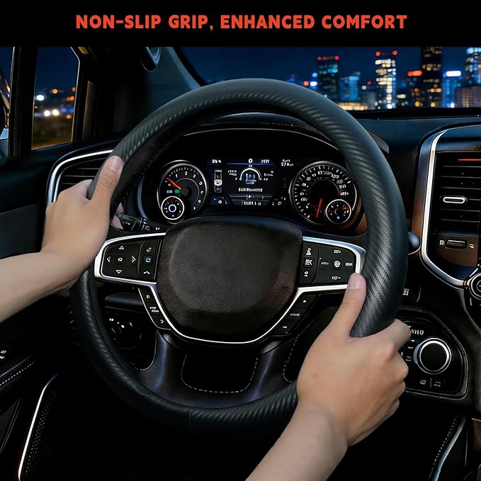 Steering Wheel Cover for Dodge Ram 1500, Ram 2500, Ram 3500, Fit 15.5-16" Wheels (Black-Full Carbon Fiber)