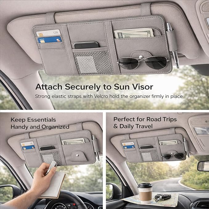 Car Sun Visor Multi-Pocket Organizer — Gray (Universal Car/SUV/Truck Storage Pouch)